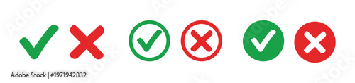Check mark icon button set. Check box icon with right and wrong buttons and yes or no checkmark icons in green tick box and red cross. Isolated checkmark symbol vector design