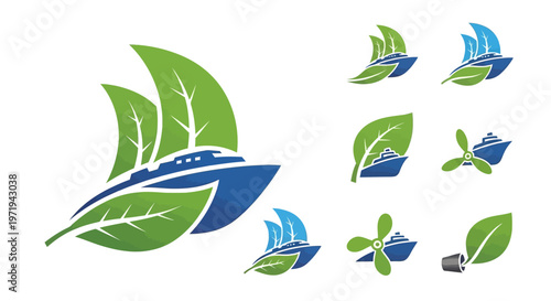 Eco-friendly cruise ship concept, green leaf sails, nautical transport logo
