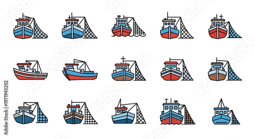 Fishing Boat Icons Set - Various Styles and Colors