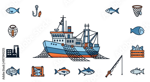 Fishing boat with nets and fish icons, seafood industry concept