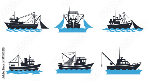 Fishing Boat Icons Set, Trawler and Cutter Silhouette Collection