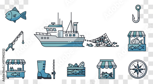 Fishing Industry Icons: Boat, Net, Fish, Market Stall, Rod, Hook, Compass