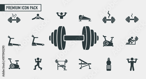 Fitness Icon Set: Dumbbells, Treadmills, Weightlifting & Exercise Equipment