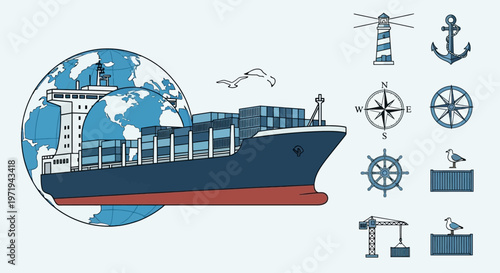 Global Shipping Container Ship Navigation Nautical Icons