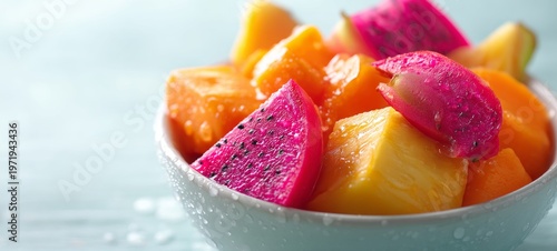 Vibrant Tropical Fruit Bowl in Bright Morning Light with Pineapple Mango Papaya Dragon Fruit, Fresh Juicy Textures, Clean White Background, Summer Healthy Lifestyle Concept with Copy Space