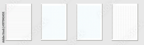 Set of blank paper sheets. Realistic workbook paper sheets. Mockup sheets of paper torn from a notebook. Blank gridded notebook 