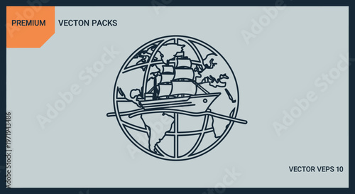 Cuadro en lienzo Global Shipping Vector: Sailing Ship on World Globe Outline