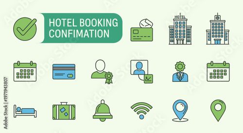 Hotel Booking Confirmation Icons: Checkmark, Credit Card, Buildings, Calendar, Bed