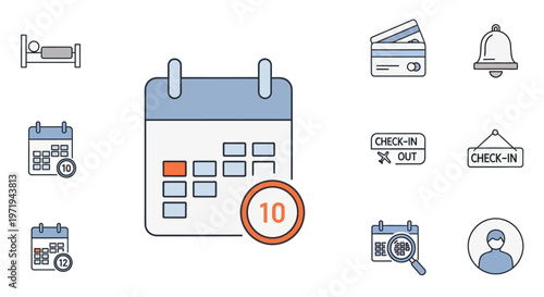 Hotel Booking Icons: Calendar, Bed, Credit Card, Check-in, Notification