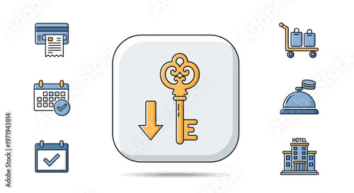 Hotel Booking Icons: Key, Calendar, Receipt, Bell, Luggage Cart, Building