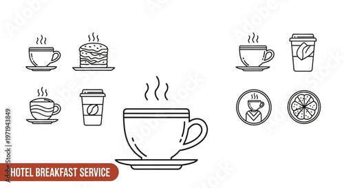 Hotel Breakfast Service Icons: Coffee, Burger, and Takeaway Cups