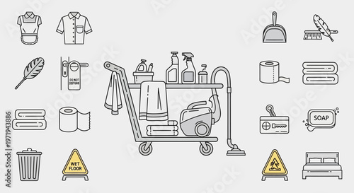 Hotel Cleaning Cart with Supplies and Icons
