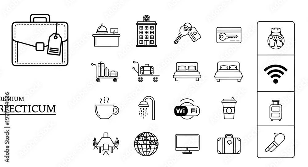 Fototapeta premium Hotel Icons Set: Travel, Accommodation, and Services