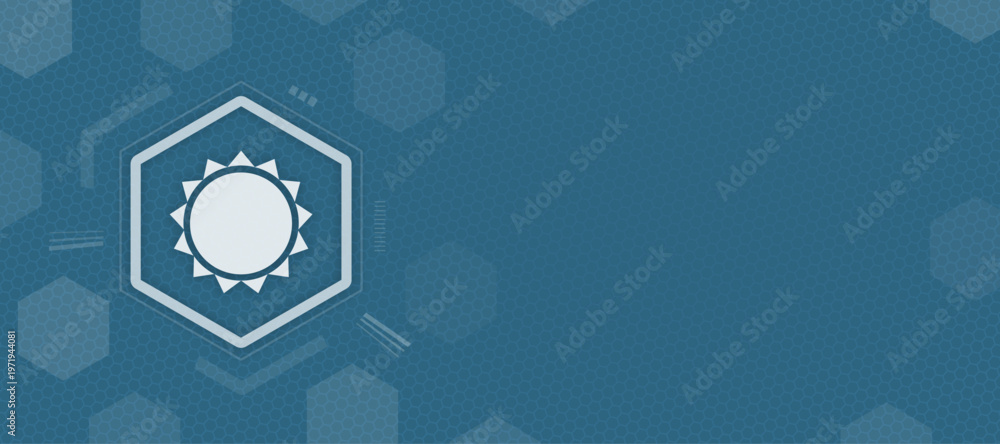 Obraz premium Vector sun icon on blue hexagon background with copy space for weather and renewable solar energy