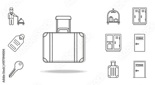 Hotel Icons Set: Luggage, Bellboy, Key, Luggage Cart, Storage