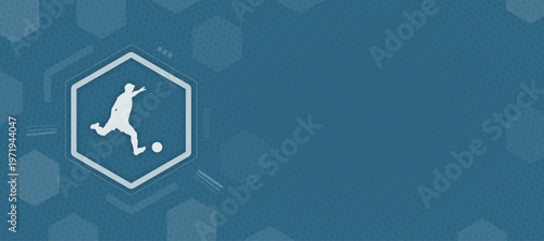 Vector soccer player icon on blue hexagon background with copy space for football and sports