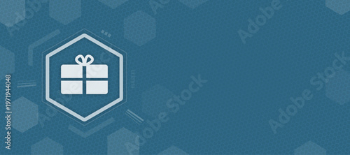 Vector gift box icon on blue hexagon background with copy space for birthday and holiday presents