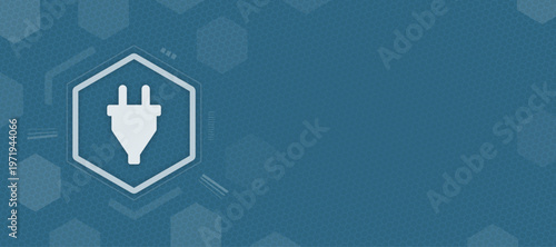 Vector power plug icon on blue hexagon background with copy space for energy and electricity