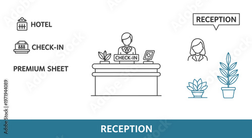 Hotel Reception Desk with Check-in Service and Staff Icons