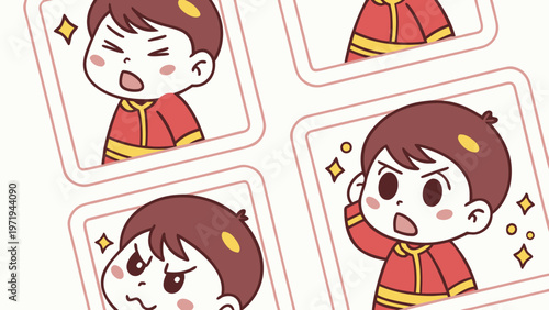 Cute Boy in Chinese Traditional Clothes Vector Character Set