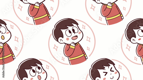 Cute Cartoon Boy Character Seamless Pattern with Expressions
