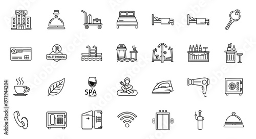 Hotel Service Icons: Accommodation, Amenities, and Hospitality Symbols