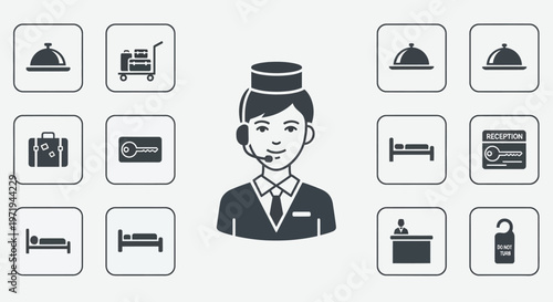 Hotel Service Icons and Receptionist: Hospitality, Travel, and Accommodation Concept