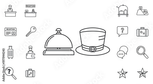 Hotel Service Icons: Reception, Bellhop, Luggage, Key, and More