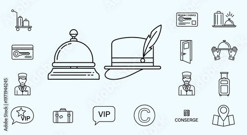 Hotel Service Icons: Bellboy, Hat, Reception Bell, Luggage, VIP, Concierge
