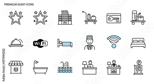 Hotel Service Icons Set: Stars, Building, Luggage Cart, Key Card, Wifi