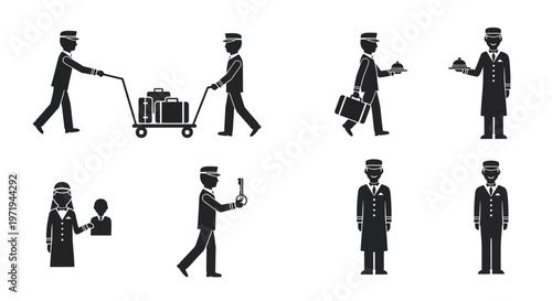 Hotel Staff Icons: Bellhop, Concierge, Waiter, Doorman - Vector Set