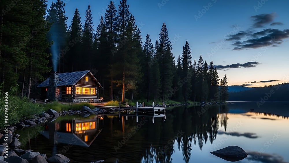 Fototapeta premium inviting log cabin glows with light beside a tranquil lake, surrounded by a dense forest as dusk settles.