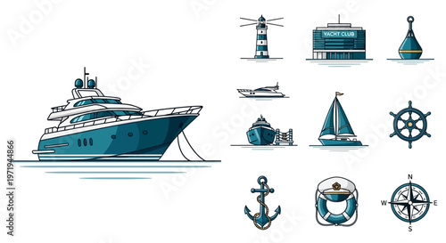 Luxury Yacht and Nautical Icons Set: Boating and Maritime Elements