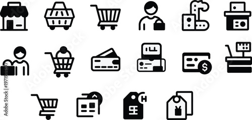 Shopping icons, retail commerce, payment symbols, checkout process, consumer lifestyle, store illustration, basket cart, credit card, cash register, price tag