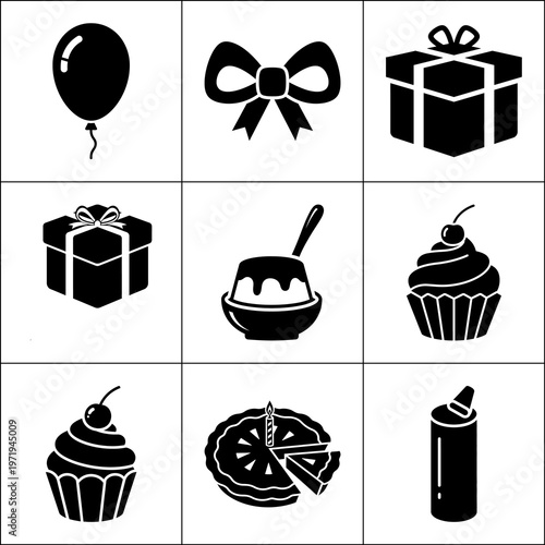 Birthday-themed black icon grid on white background featuring balloon, bow, gift box, wrapped presents, dessert bowl, cupcakes, cake with candle, and party popper