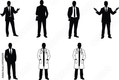 Professional silhouettes, business suits, medical lab coats, stethoscope doctors, corporate posture, healthcare teamwork, occupational diversity, career identity, workplace attire, professional roles