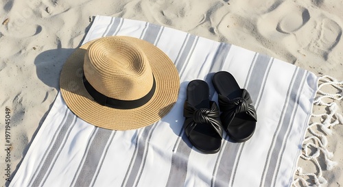 Straw Hat and Sandals on Striped Beach Towel