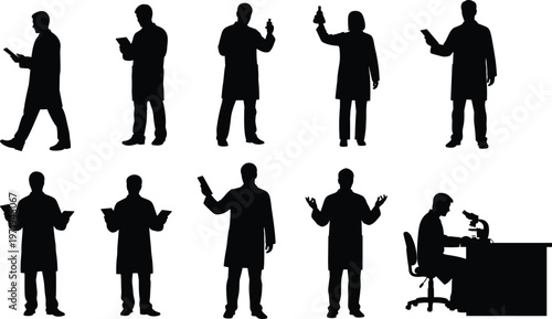 Science silhouettes, laboratory researchers, microscope observation, flask experiment, scientific teamwork, research dedication, academic study, lab coats, innovation pursuit, knowledge discovery