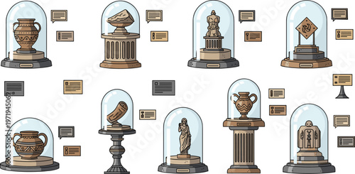 Museum Artifact Display Illustration with Ancient Sculptures, Pottery, Historical Objects and Glass Showcase Exhibits for Cultural Heritage Design