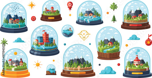 Snow Globe Landscape Illustration Set with Miniature Cities, Mountains, Forests and Seasonal Scenes in Glass Domes for Travel and Holiday Design