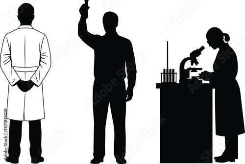 Scientist silhouettes vector, laboratory research illustration, medical experiment clipart, microscope analysis design, chemistry lab icons, scientific teamwork artwork