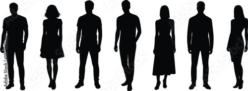 Seven human silhouettes illustration, diverse people standing side by side, demographic representation concept, fashion clothing outline, black silhouette figures