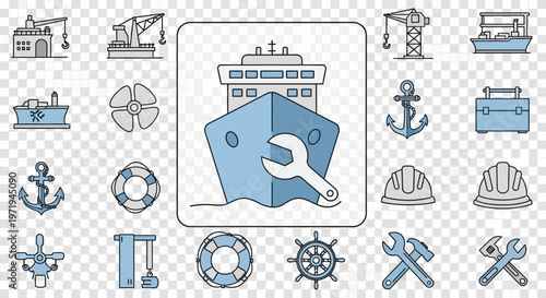 Marine Industry Icons: Ship, Wrench, Anchor, Crane, Lifebuoy - Vector Set