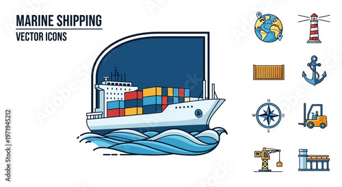 Marine Shipping Vector Icons Set: Cargo Ship, Container, Lighthouse, Anchor, Globe
