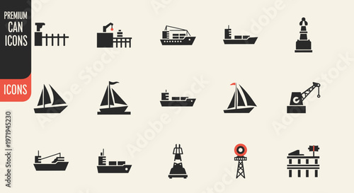 Maritime Icons Set: Ships, Boats, Cranes, Harbor and Buoys