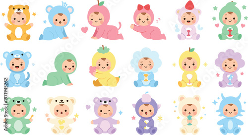 Cute Baby Costume Vector Set with Infants in Animal Onesies, Sleeping, Sitting and Playing for Adorable Kids Illustration and Nursery Design.