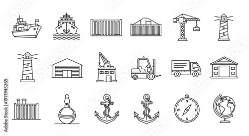 Maritime Icons: Ships, Crane, Lighthouse, Container, Truck, Compass, Globe