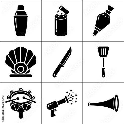 Black and white kitchen and party icon grid on white background with subtle grid pattern featuring cocktail shaker, blender, bottle, mussel, knife, spatula, drum, blowtorch, and horn