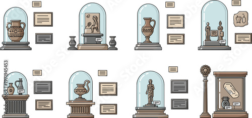 Museum Exhibit Illustration Set with Historical Artifacts, Glass Display Cases, Sculptures and Ancient Objects for Cultural Heritage Design