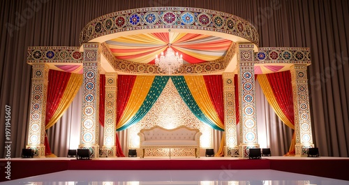 Gujarati mirror work indian wedding stage decoration with colorful textiles